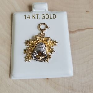 Heavy 14K Solid Gold Bell and Mistletoe (?) Christmas Charm / Memory Charm